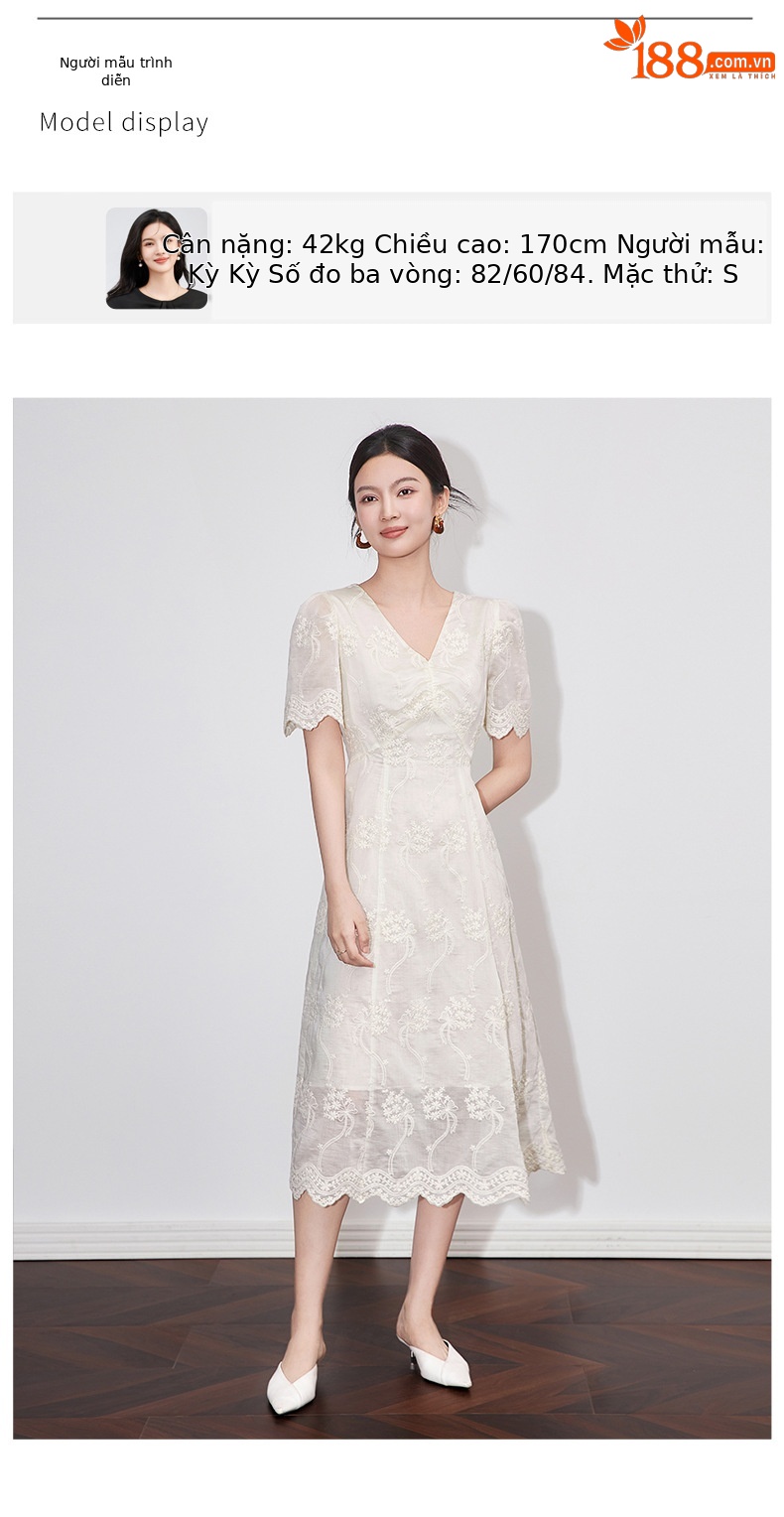 Đầm maxi nữ cổ chữ V thêu ren Tencel dáng dài mùa hè — Màu trắng chi tiết 6