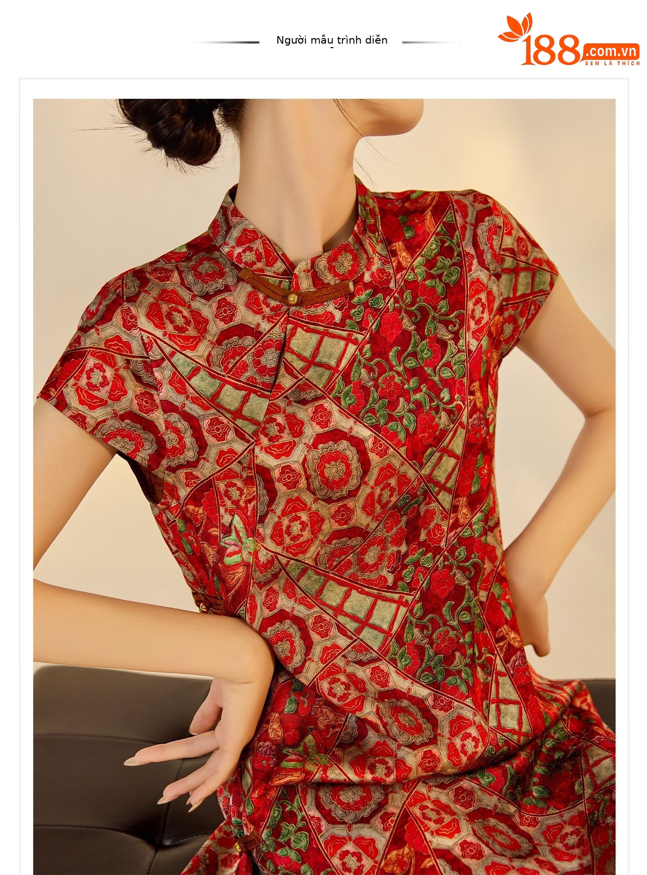 Đầm suông midi chữ A vải rayon thêu hoa cách tân cổ điển Trung Quốc — Màu đỏ san hô, Màu caramel chi tiết 1