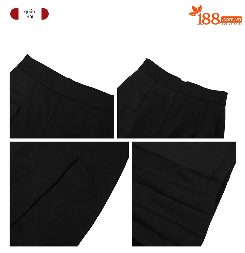 Quần ống rộng cạp cao nữ dáng suông xếp nếp dài chấm sàn — Màu đen chi tiết 3