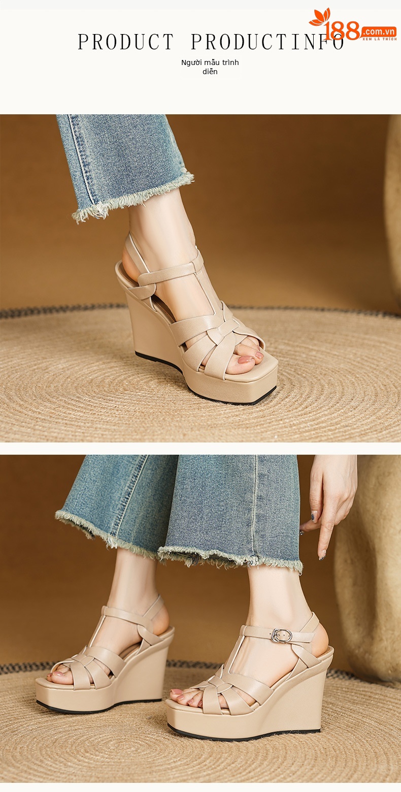 Sandal cao gót nữ hở mũi dây chéo da thật đế xuồng phong cách La Mã — Màu nâu nhạt, Màu mơ chi tiết 2