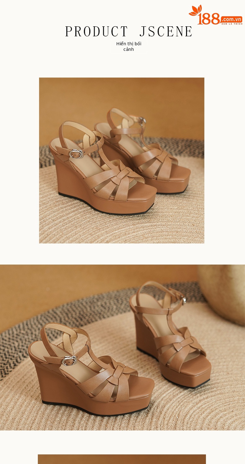 Sandal cao gót nữ hở mũi dây chéo da thật đế xuồng phong cách La Mã — Màu nâu nhạt, Màu mơ chi tiết 5
