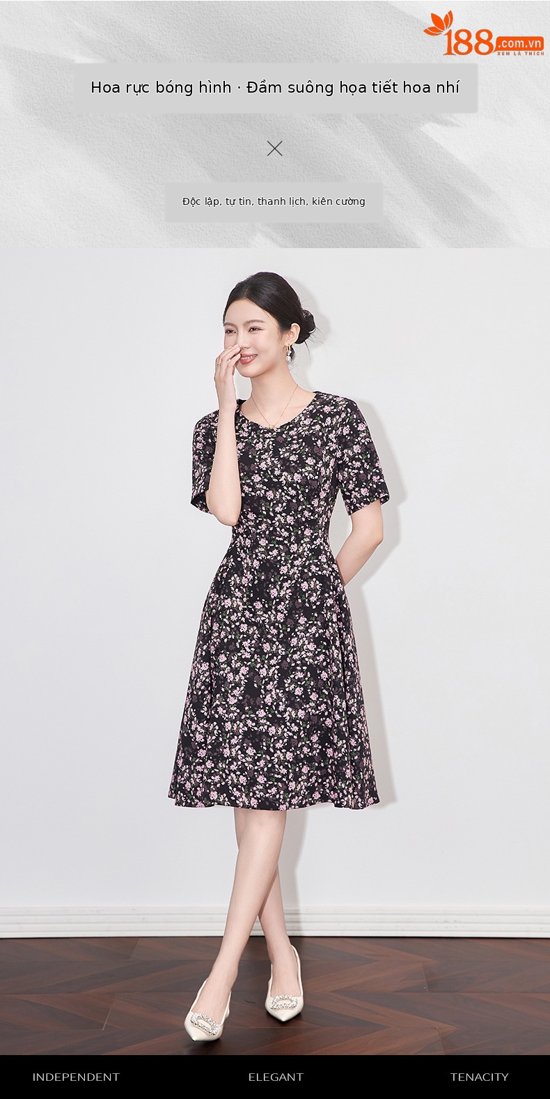 Đầm midi in họa tiết tay phồng eo thon phong cách Pháp — đen chi tiết 1