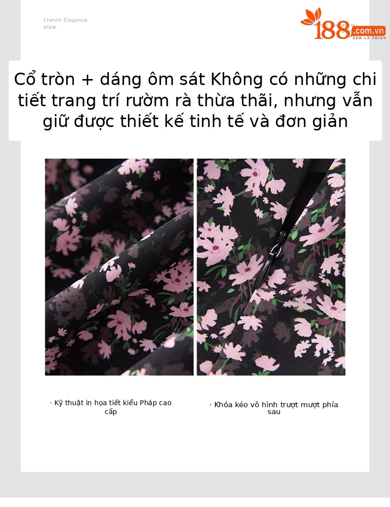 Đầm midi in họa tiết tay phồng eo thon phong cách Pháp — đen chi tiết 5