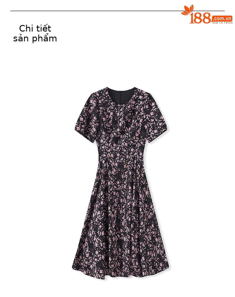Đầm midi in họa tiết tay phồng eo thon phong cách Pháp — đen chi tiết 10