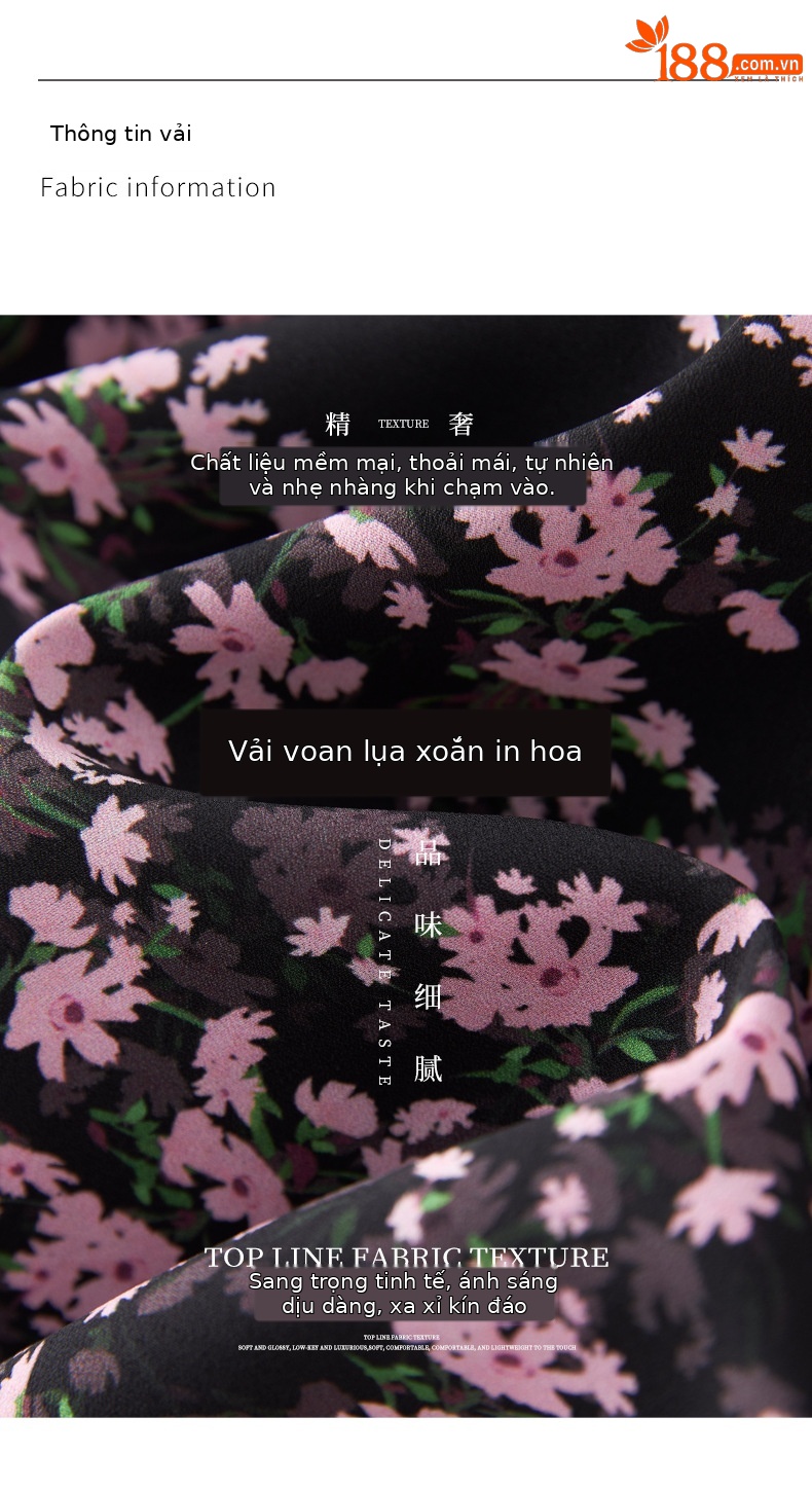 Đầm midi in họa tiết tay phồng eo thon phong cách Pháp — đen chi tiết 3