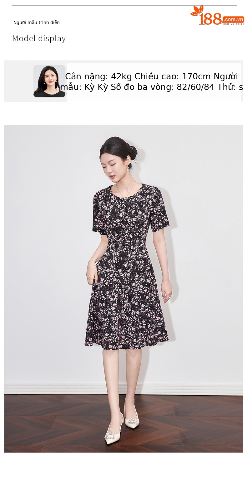 Đầm midi in họa tiết tay phồng eo thon phong cách Pháp — đen chi tiết 6