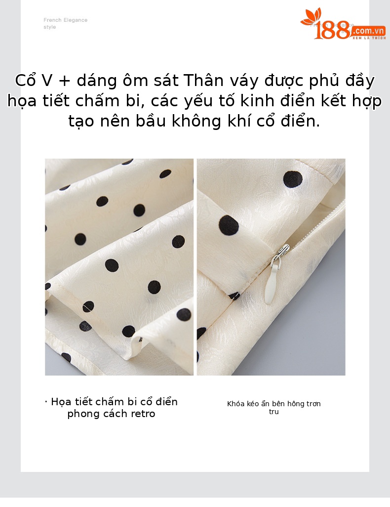 Váy liền tay ngắn viền bèo in chấm bi cổ điển, dáng dài thon gọn eo — Màu mơ chi tiết 5