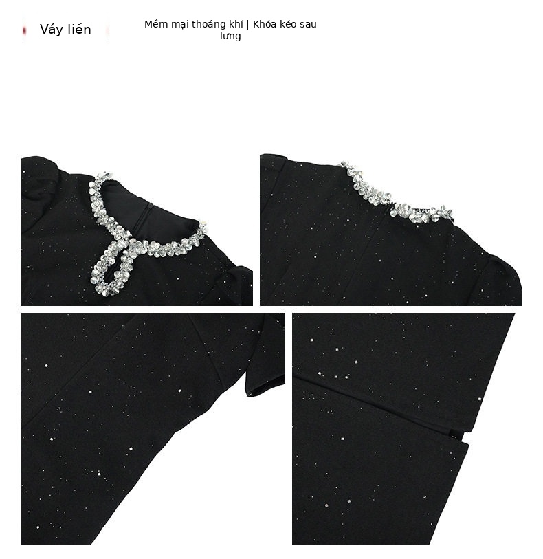Đầm ôm body nữ cổ tròn tay ngắn, phong cách tiểu thư sang trọng, đính sequin lấp lánh, dáng dài ôm eo — [Đen] chi tiết 5
