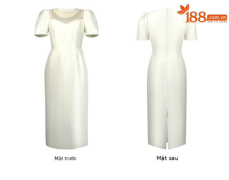 Đầm ôm body nữ cổ tròn đính ngọc trai phong cách Hepburn — Màu đen, Màu mơ chi tiết 4