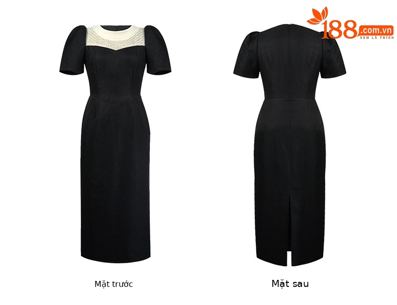 Đầm ôm body nữ cổ tròn đính ngọc trai phong cách Hepburn — Màu đen, Màu mơ chi tiết 6