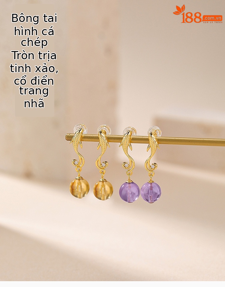 Bông tai bạc S925 đính đá thạch anh tím hình tháp pha lê tròn hạt koi — Kiểu thạch anh tím chi tiết 1