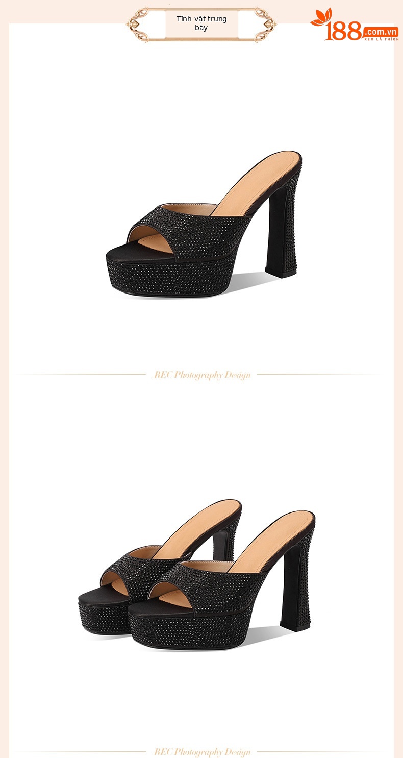 Sandal cao gót nữ đính đá platform quai một dây gót dày — đen chi tiết 2