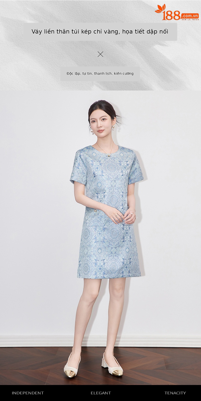 Váy chữ A jacquard lụa vàng phong cách quốc gia tay ngắn chất lượng cao — Màu xanh lam chi tiết 1