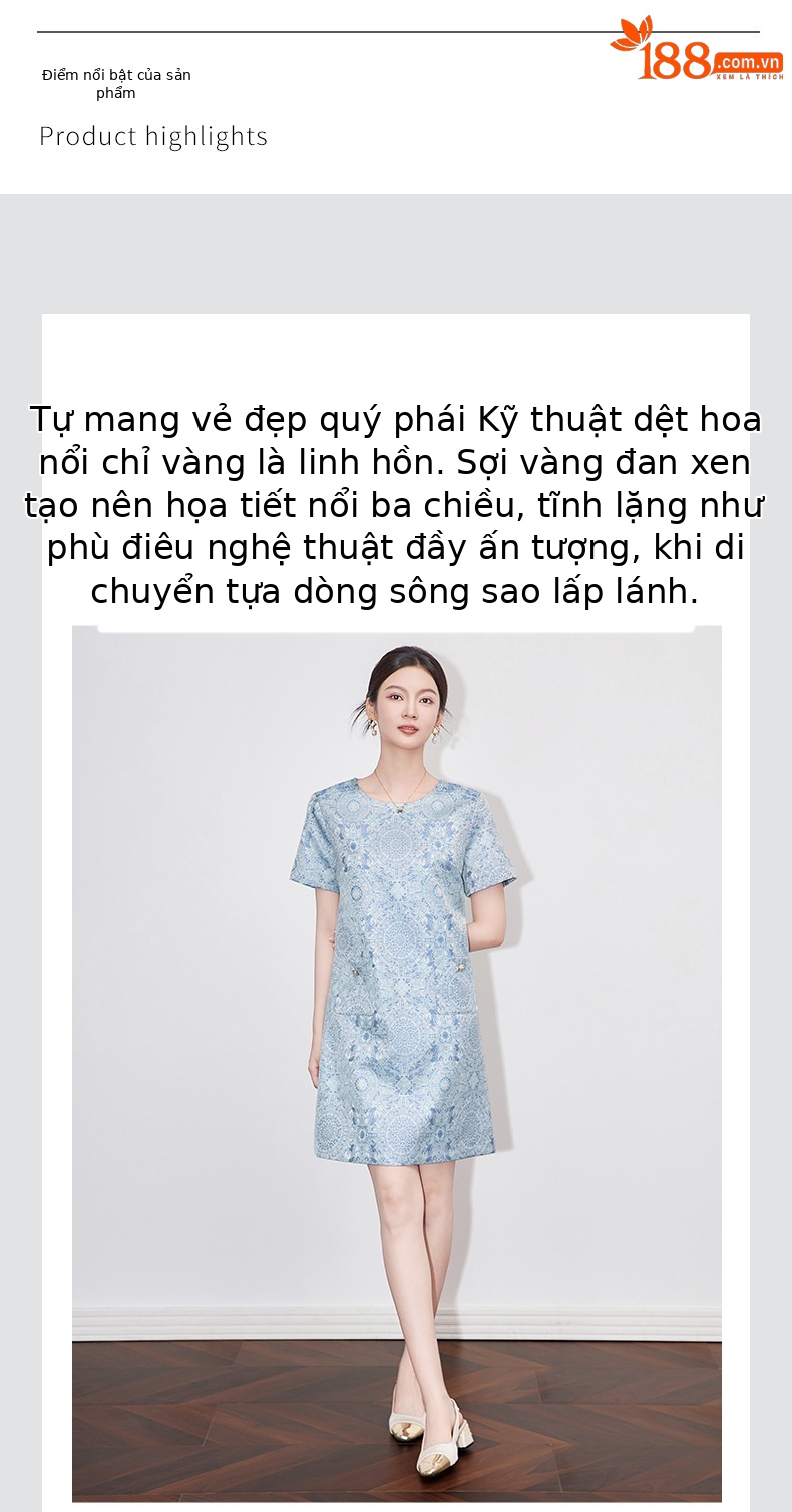 Váy chữ A jacquard lụa vàng phong cách quốc gia tay ngắn chất lượng cao — Màu xanh lam chi tiết 4