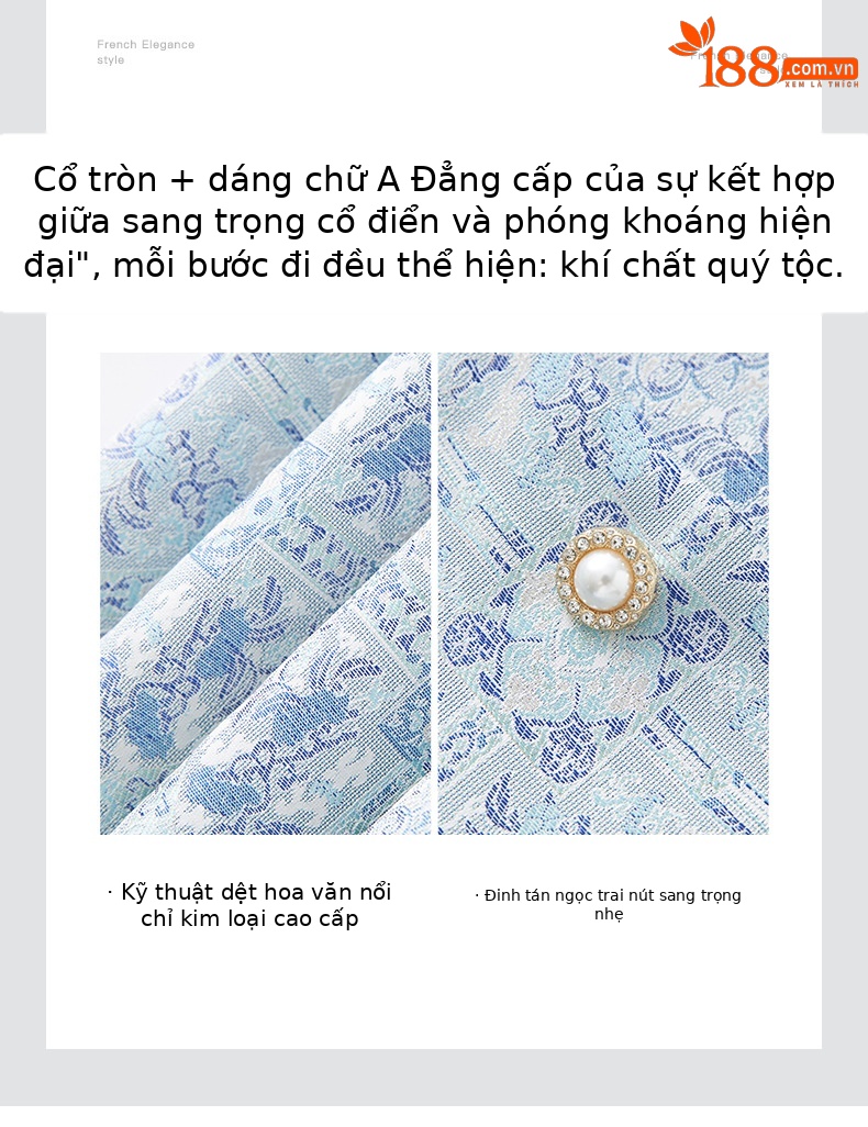 Váy chữ A jacquard lụa vàng phong cách quốc gia tay ngắn chất lượng cao — Màu xanh lam chi tiết 5