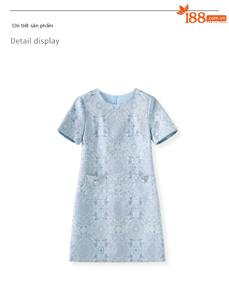 Váy chữ A jacquard lụa vàng phong cách quốc gia tay ngắn chất lượng cao — Màu xanh lam chi tiết 15
