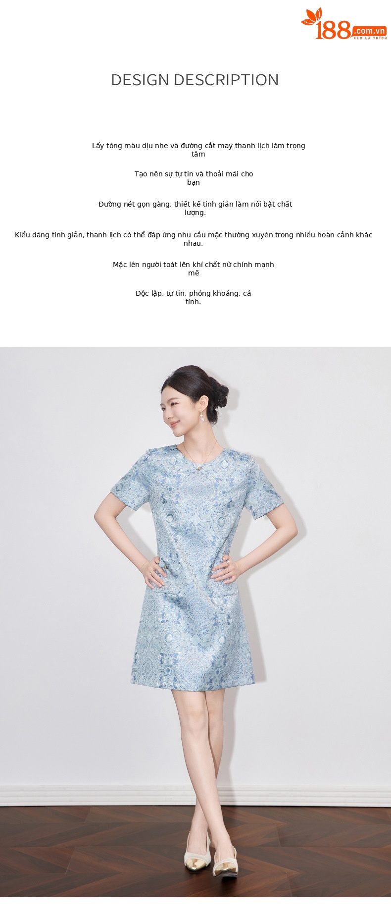 Váy chữ A jacquard lụa vàng phong cách quốc gia tay ngắn chất lượng cao — Màu xanh lam chi tiết 2