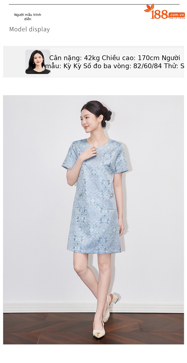 Váy chữ A jacquard lụa vàng phong cách quốc gia tay ngắn chất lượng cao — Màu xanh lam chi tiết 6