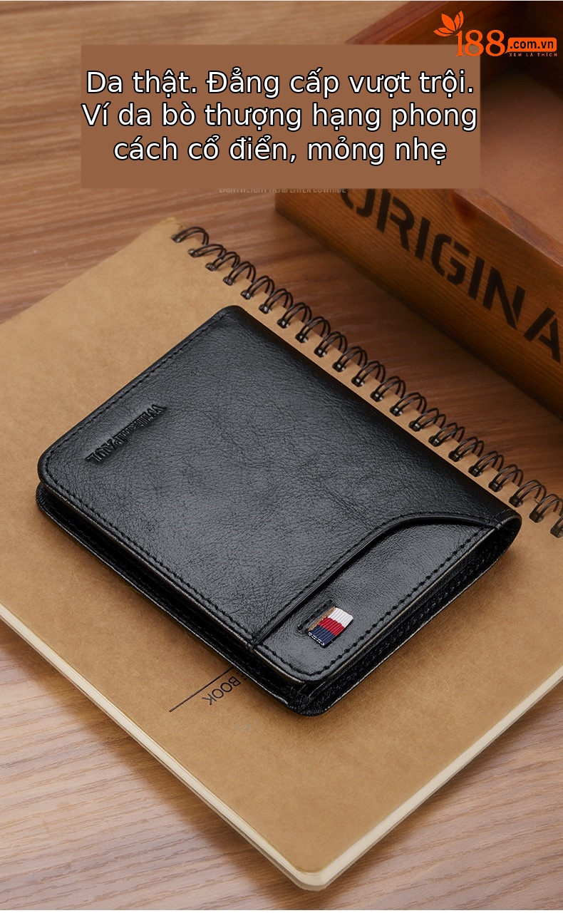 Ví nam gập mini da bò thật chống trộm thẻ từ chi tiết 1