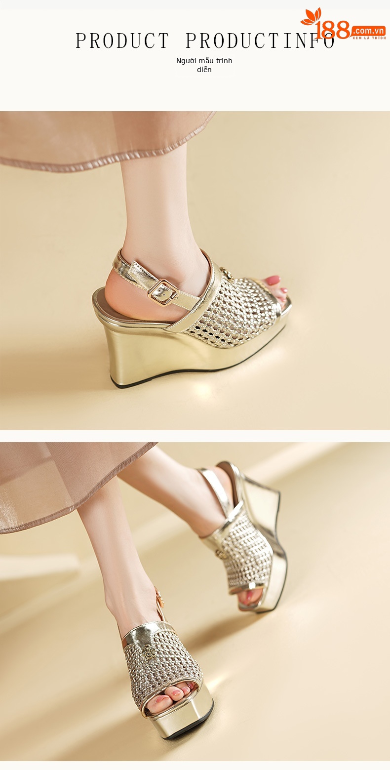 Sandal cao gót nữ đế xuồng chống nước, mũi hở kiểu miệng cá, da thật đan dệt, gót 9 cm — vàng, bạc chi tiết 3