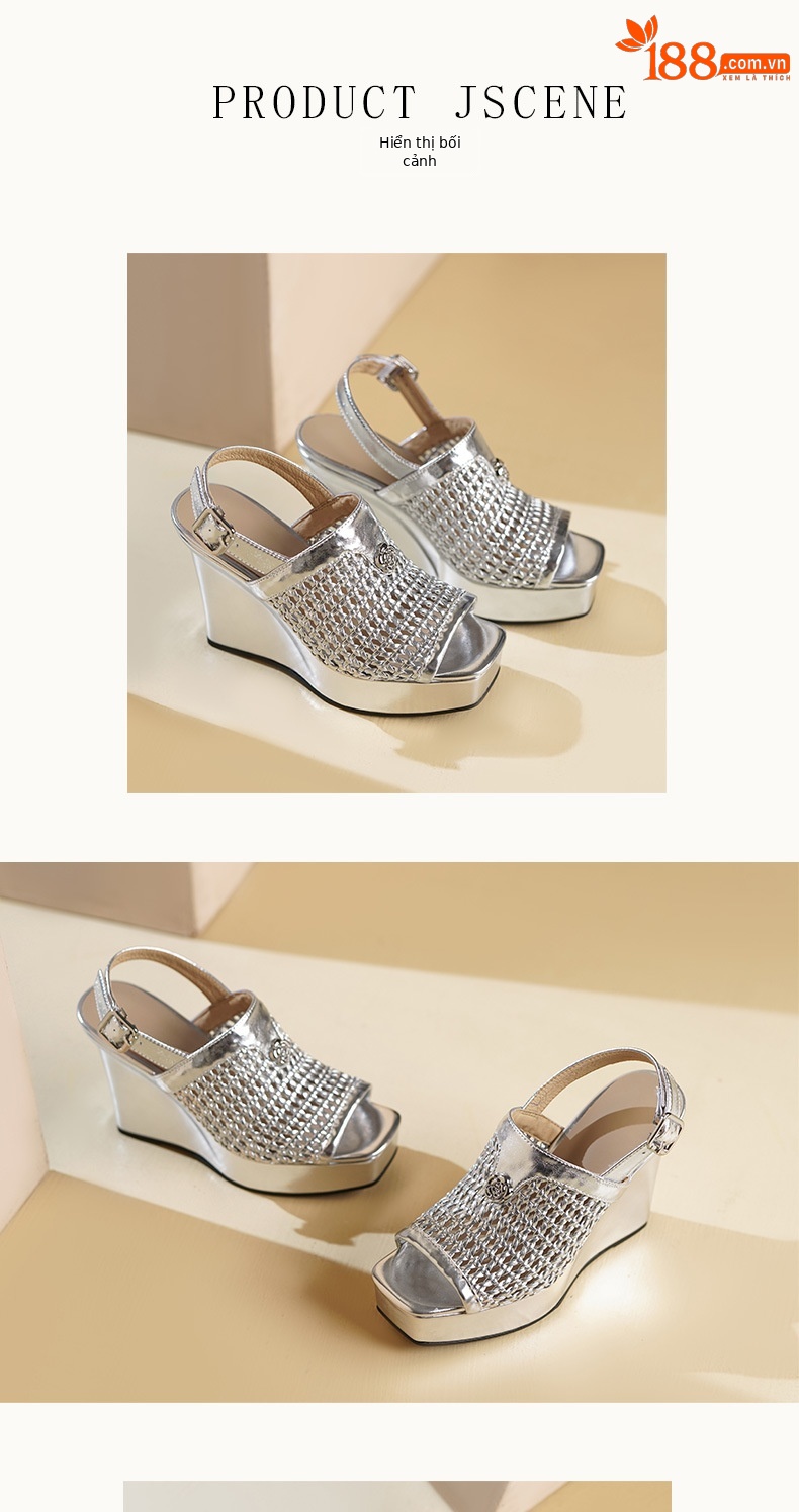 Sandal cao gót nữ đế xuồng chống nước, mũi hở kiểu miệng cá, da thật đan dệt, gót 9 cm — vàng, bạc chi tiết 6