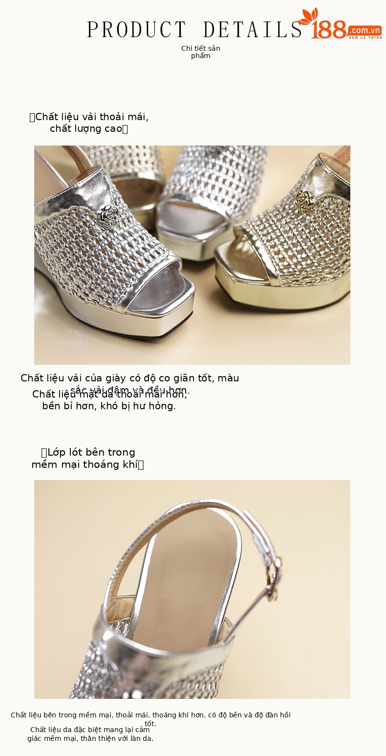 Sandal cao gót nữ đế xuồng chống nước, mũi hở kiểu miệng cá, da thật đan dệt, gót 9 cm — vàng, bạc chi tiết 8