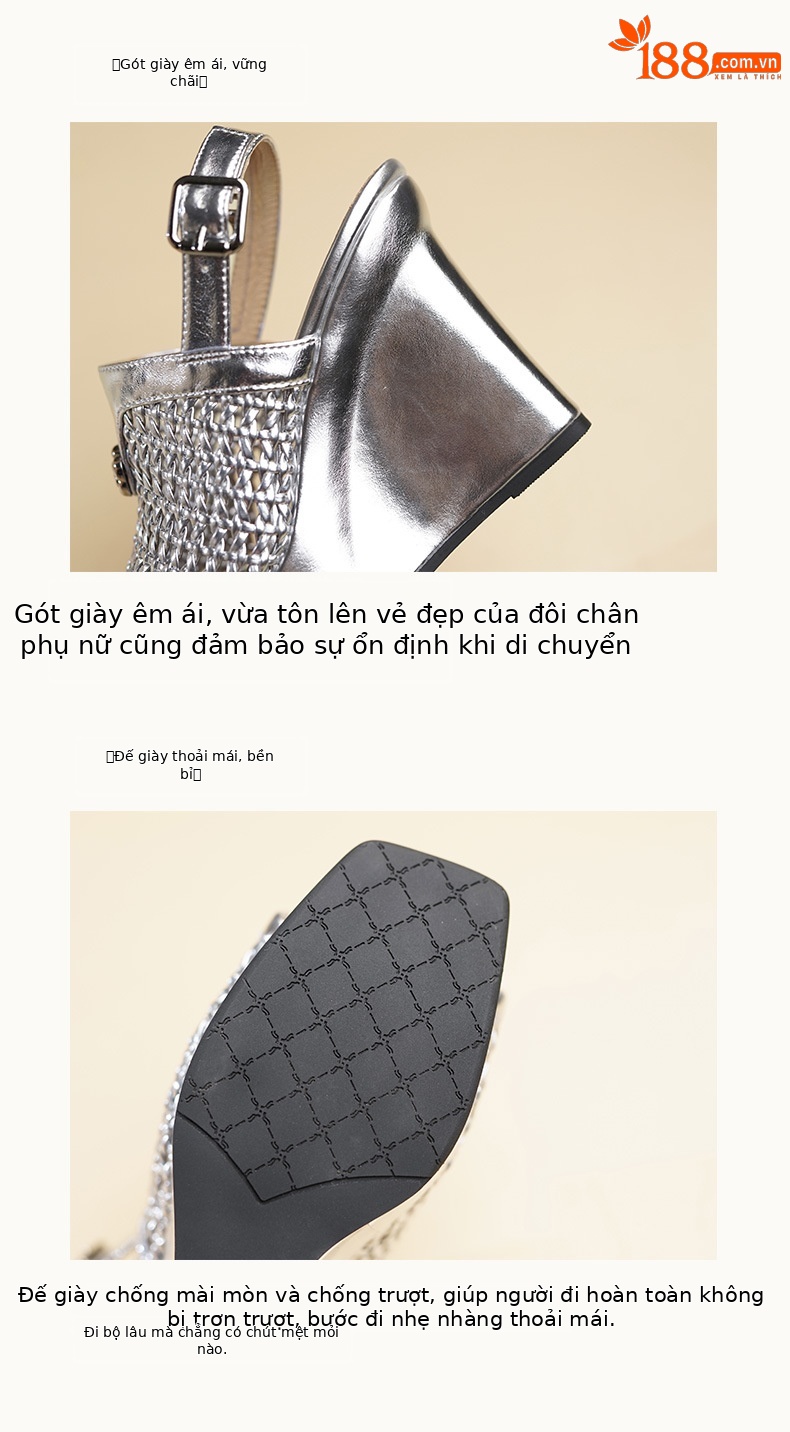 Sandal cao gót nữ đế xuồng chống nước, mũi hở kiểu miệng cá, da thật đan dệt, gót 9 cm — vàng, bạc chi tiết 9
