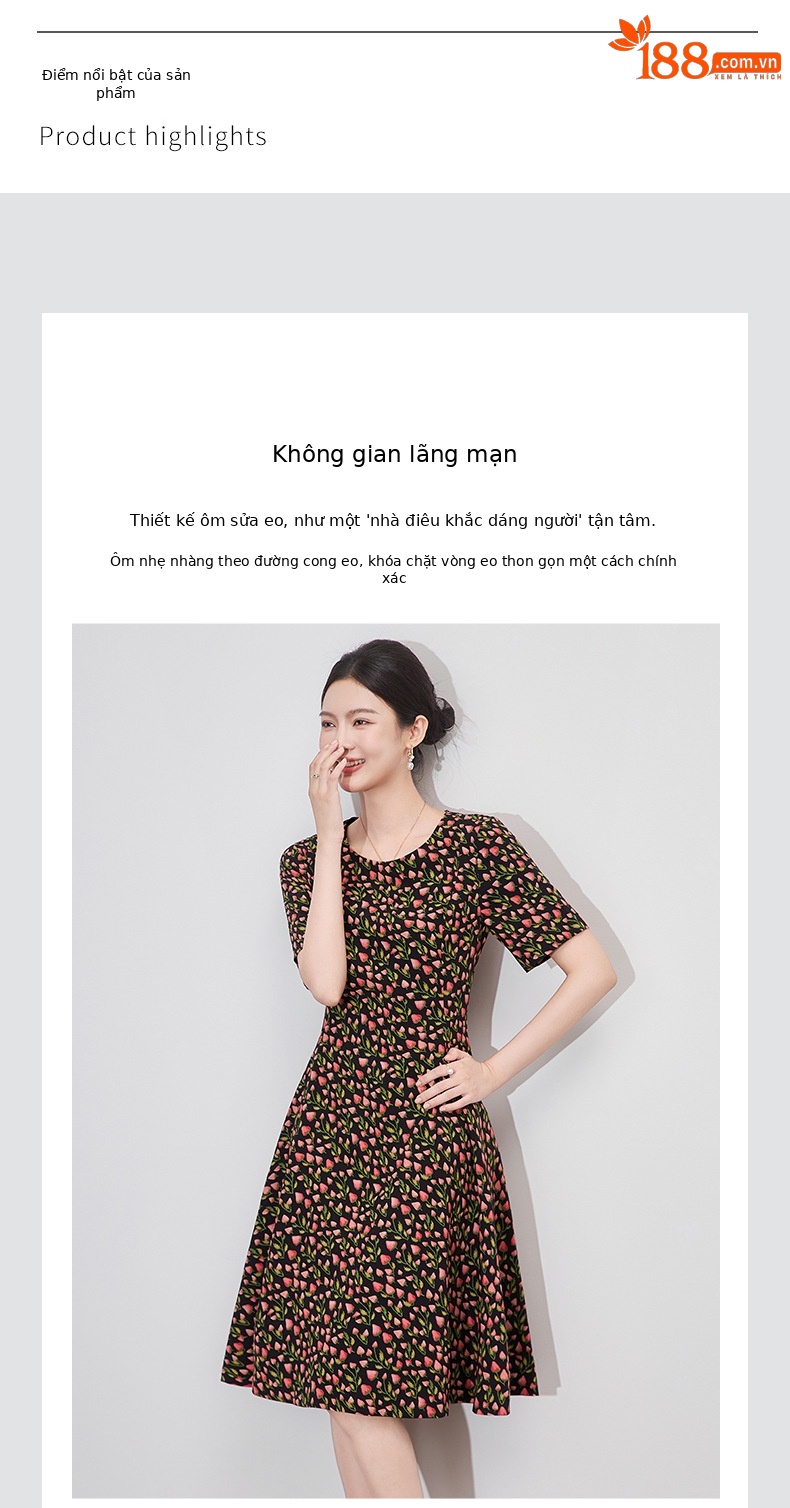 Váy chữ A in họa tiết dâu tây cao cấp, chiết eo tôn dáng, phong cách quý cô cổ điển — Màu đen chi tiết 4