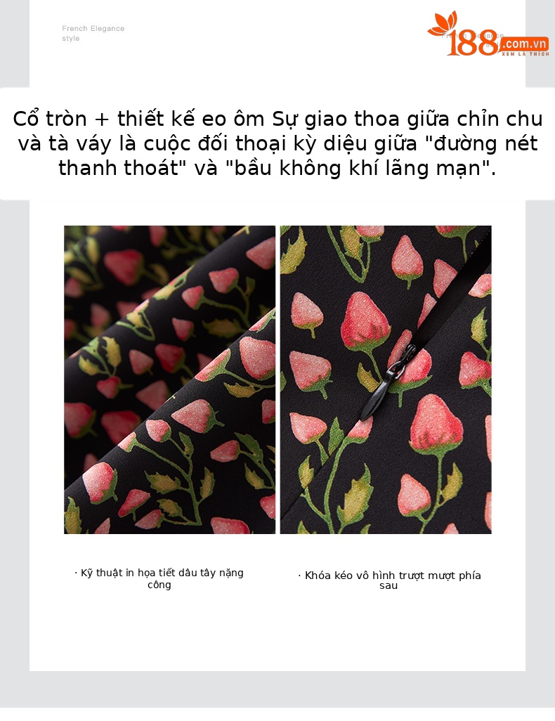 Váy chữ A in họa tiết dâu tây cao cấp, chiết eo tôn dáng, phong cách quý cô cổ điển — Màu đen chi tiết 5