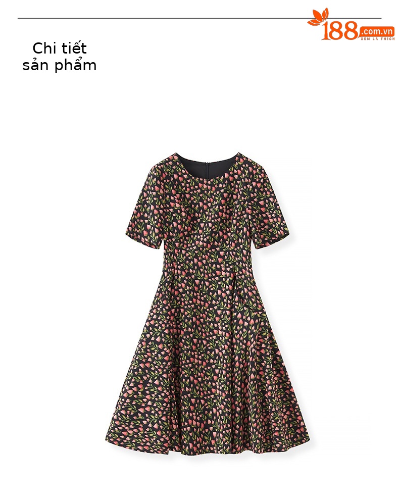 Váy chữ A in họa tiết dâu tây cao cấp, chiết eo tôn dáng, phong cách quý cô cổ điển — Màu đen chi tiết 10