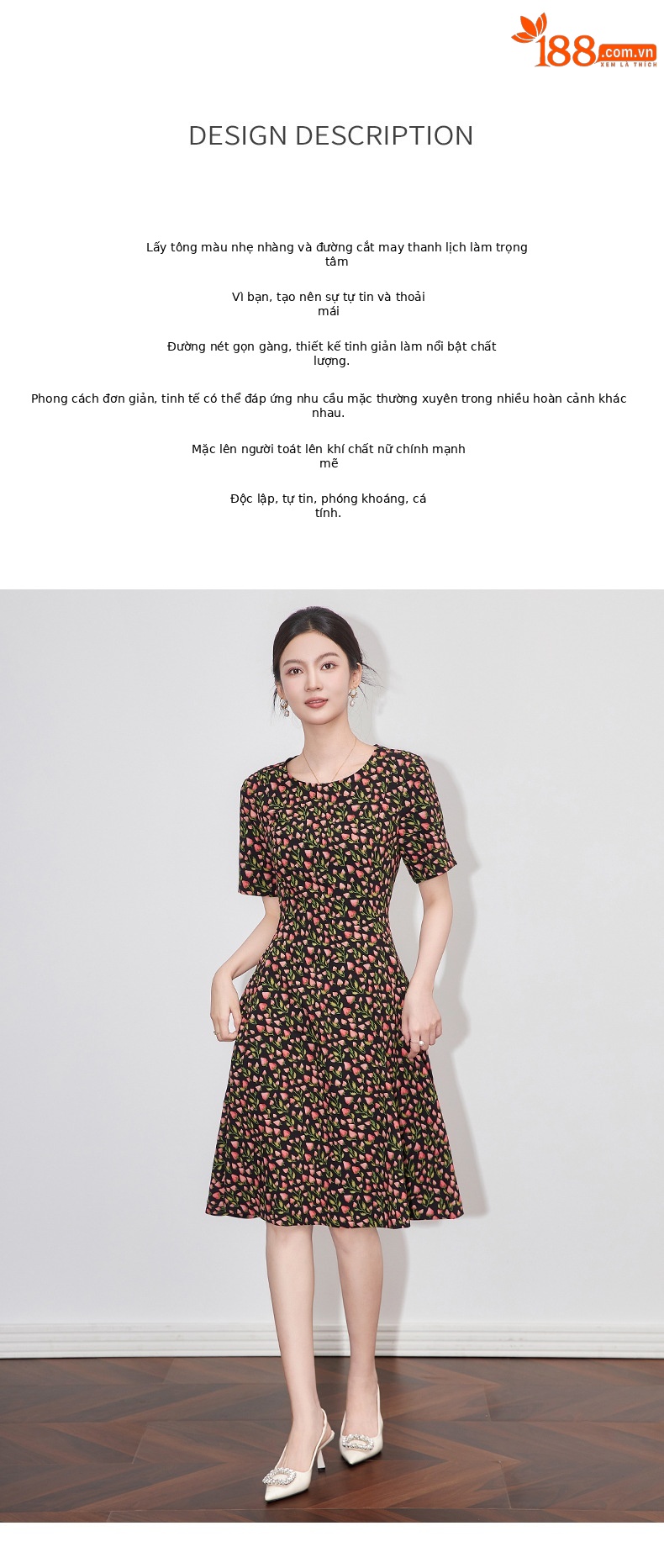 Váy chữ A in họa tiết dâu tây cao cấp, chiết eo tôn dáng, phong cách quý cô cổ điển — Màu đen chi tiết 2