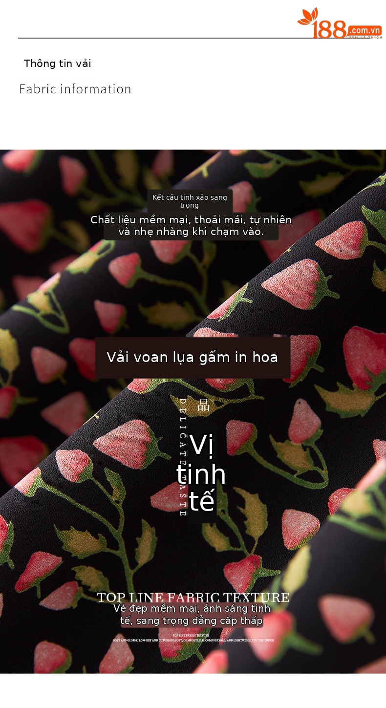 Váy chữ A in họa tiết dâu tây cao cấp, chiết eo tôn dáng, phong cách quý cô cổ điển — Màu đen chi tiết 3