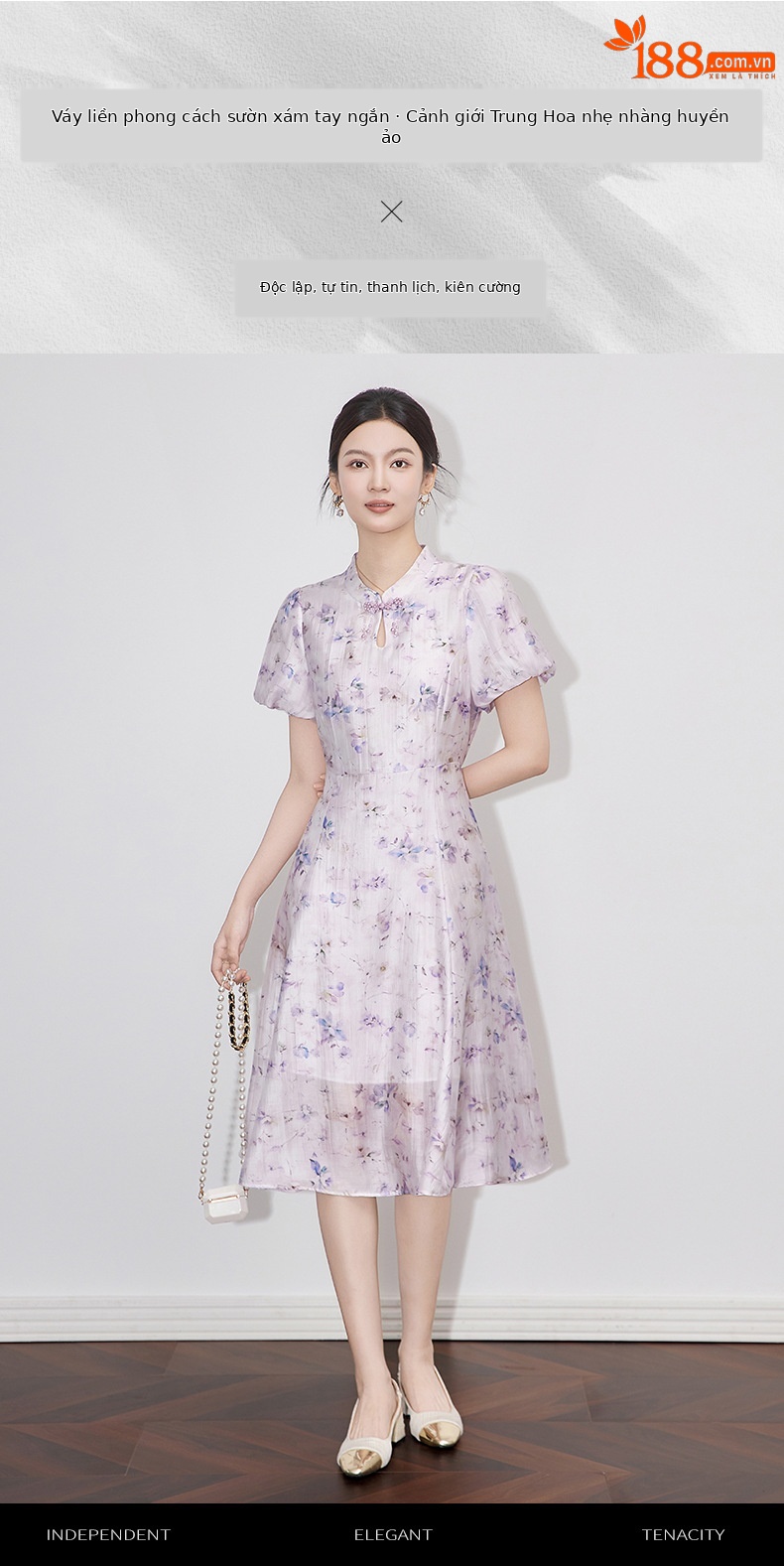 Váy liền maxi in họa tiết sườn xám phong cách Trung Quốc, chất liệu lanh pha sợi, tôn dáng — Màu tím chi tiết 1