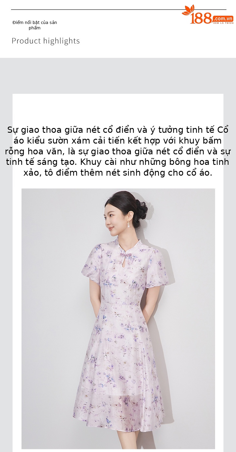 Váy liền maxi in họa tiết sườn xám phong cách Trung Quốc, chất liệu lanh pha sợi, tôn dáng — Màu tím chi tiết 4