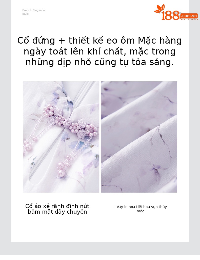 Váy liền maxi in họa tiết sườn xám phong cách Trung Quốc, chất liệu lanh pha sợi, tôn dáng — Màu tím chi tiết 5