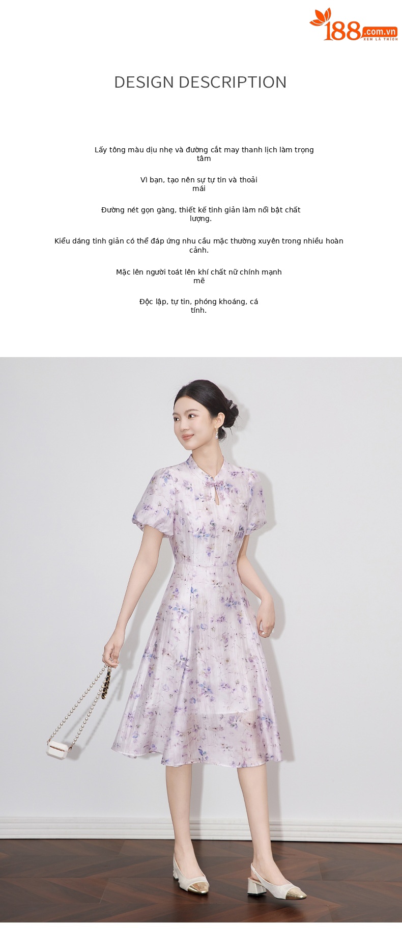 Váy liền maxi in họa tiết sườn xám phong cách Trung Quốc, chất liệu lanh pha sợi, tôn dáng — Màu tím chi tiết 2