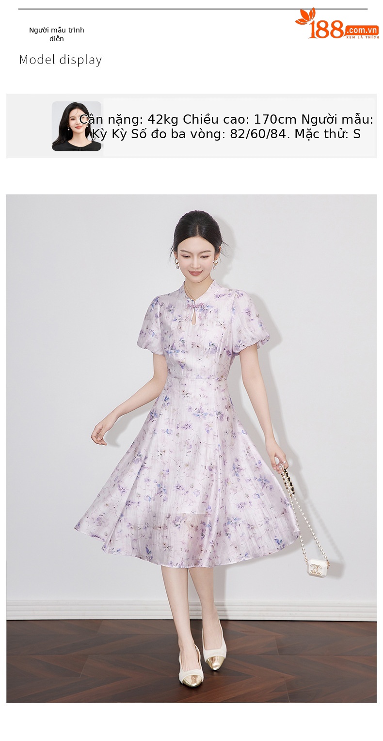 Váy liền maxi in họa tiết sườn xám phong cách Trung Quốc, chất liệu lanh pha sợi, tôn dáng — Màu tím chi tiết 6