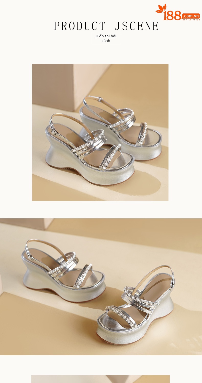 Sandal cao gót nữ quai ngang đính đá phong cách La Mã, đế xuồng dày, gót cao 9 cm — Màu vàng, Màu bạc chi tiết 5