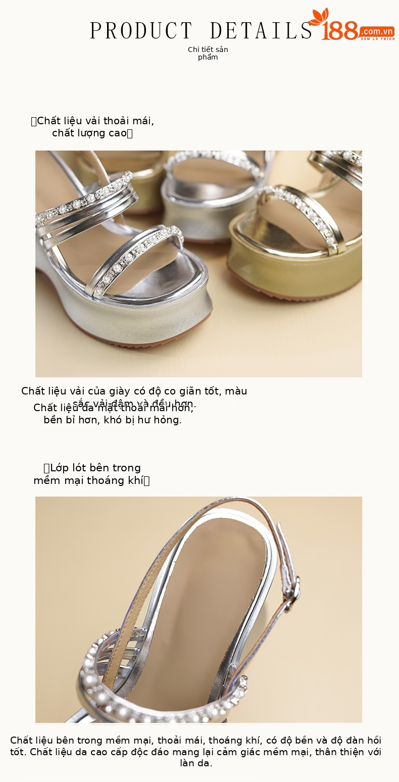 Sandal cao gót nữ quai ngang đính đá phong cách La Mã, đế xuồng dày, gót cao 9 cm — Màu vàng, Màu bạc chi tiết 7