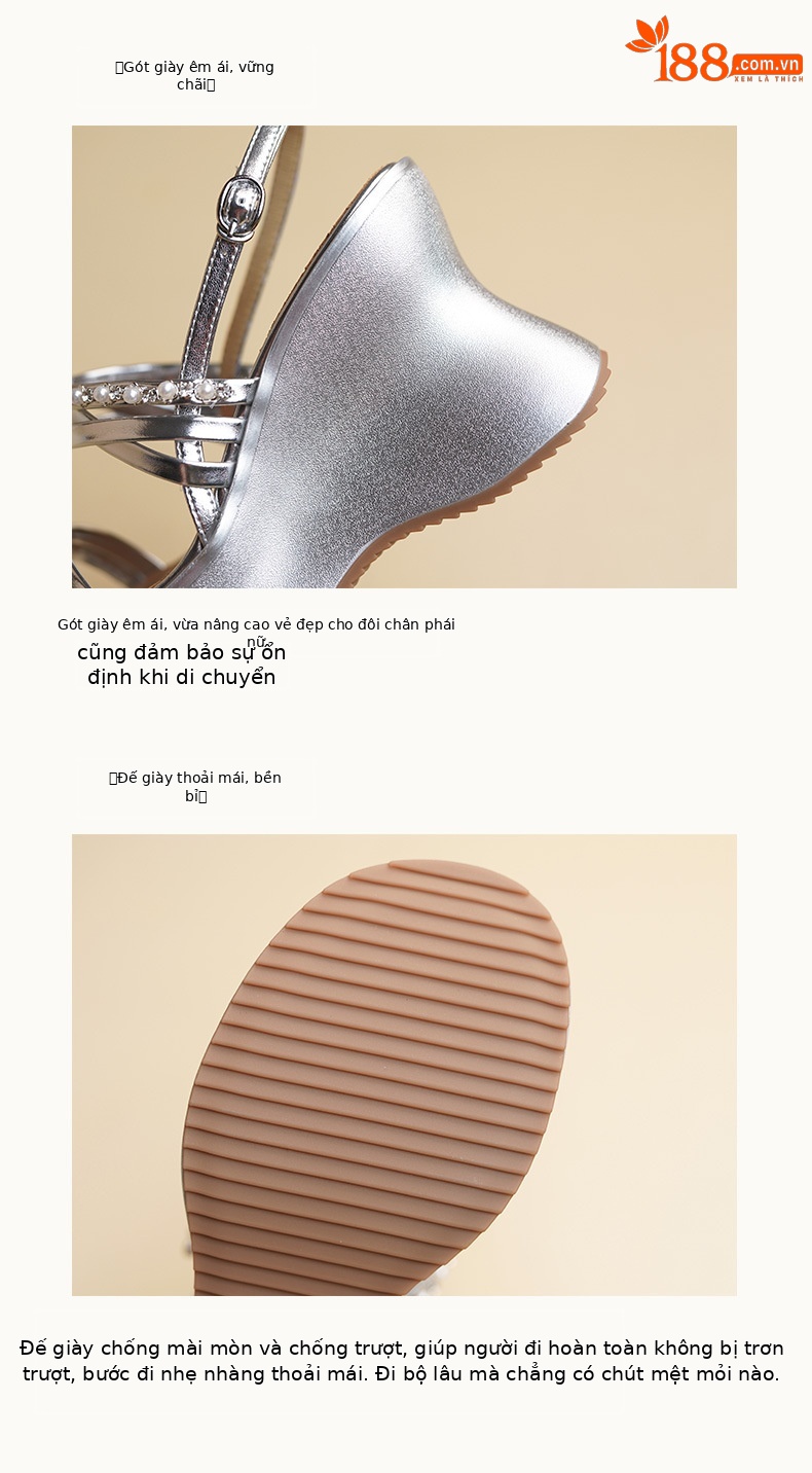 Sandal cao gót nữ quai ngang đính đá phong cách La Mã, đế xuồng dày, gót cao 9 cm — Màu vàng, Màu bạc chi tiết 8
