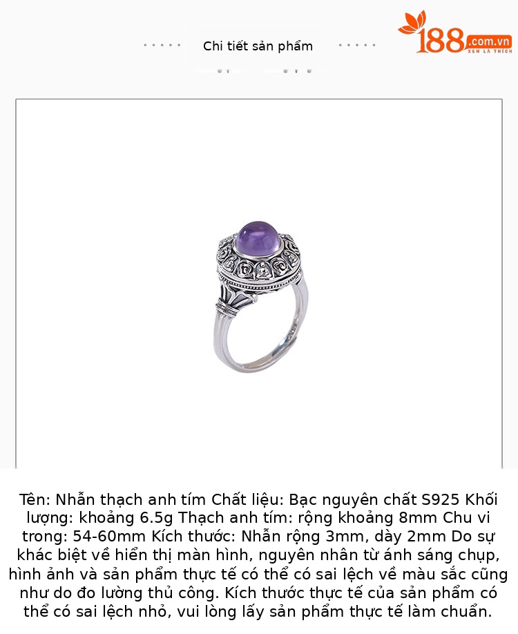 Nhẫn bạc S925 đính đá thạch anh tím tự nhiên hình túi mở sáng tạo — một mảnh chi tiết 2