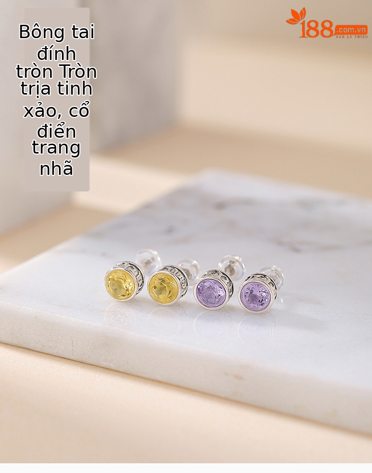 Bông tai bạc S925 đính đá thạch anh tím citrine mặt cắt hình tròn — Kiểu pha lê vàng chi tiết 1