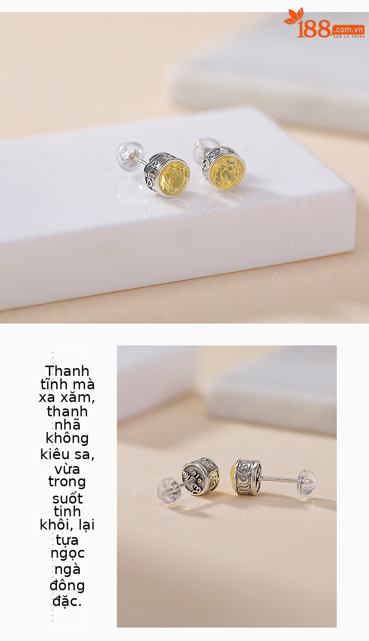 Bông tai bạc S925 đính đá thạch anh tím citrine mặt cắt hình tròn — Kiểu pha lê vàng chi tiết 3