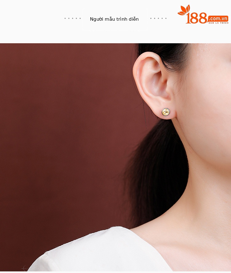 Bông tai bạc S925 đính đá thạch anh tím citrine mặt cắt hình tròn — Kiểu pha lê vàng chi tiết 5