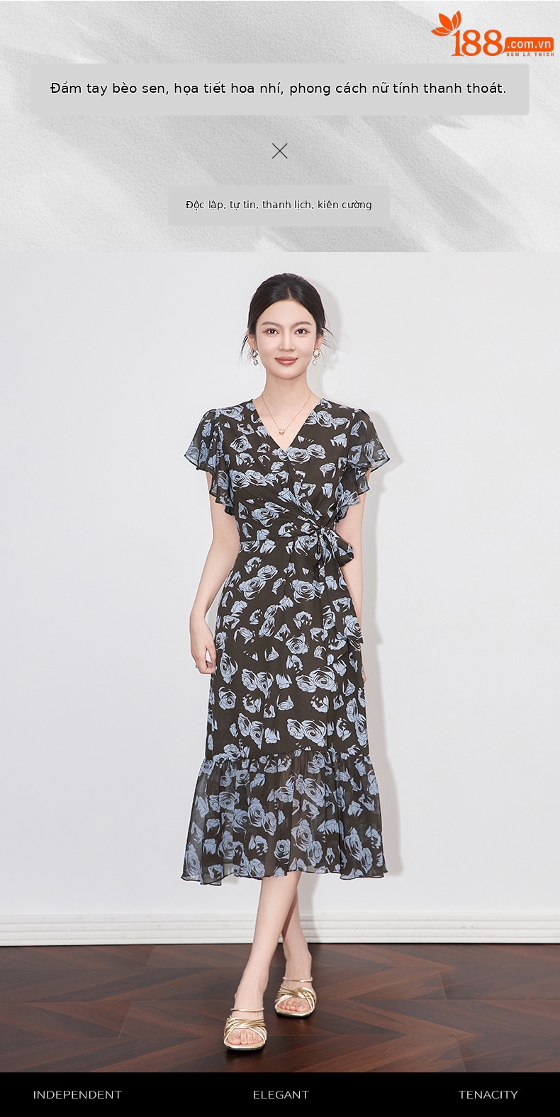 Váy maxi nữ cổ chữ V in hoa thắt eo phong cách cổ điển Pháp — Hoa xanh lam chi tiết 1