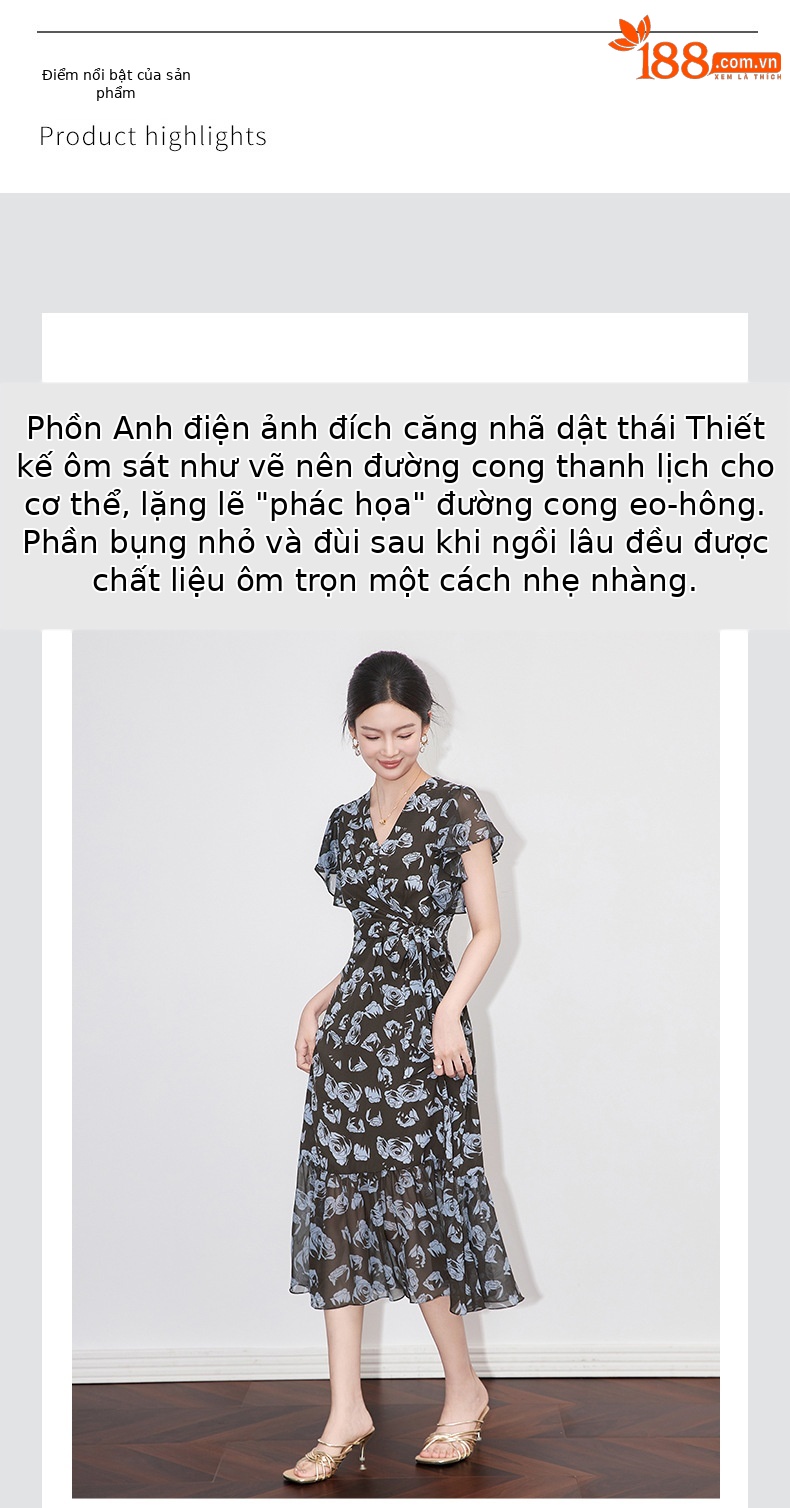 Váy maxi nữ cổ chữ V in hoa thắt eo phong cách cổ điển Pháp — Hoa xanh lam chi tiết 4