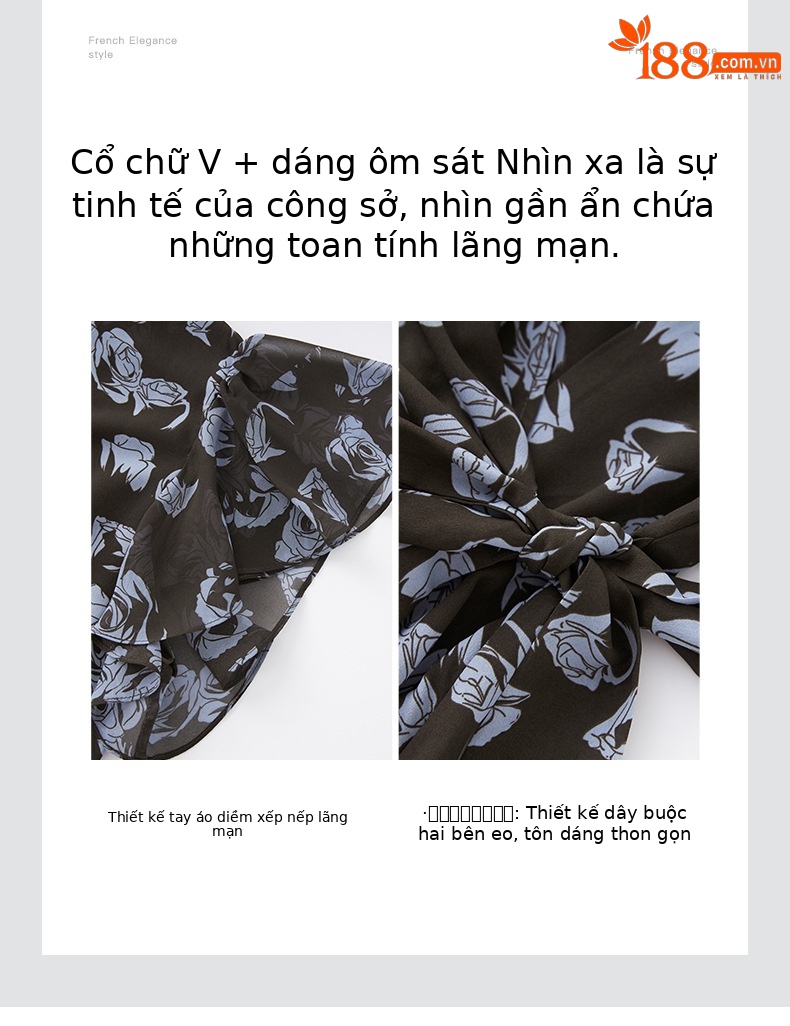 Váy maxi nữ cổ chữ V in hoa thắt eo phong cách cổ điển Pháp — Hoa xanh lam chi tiết 5