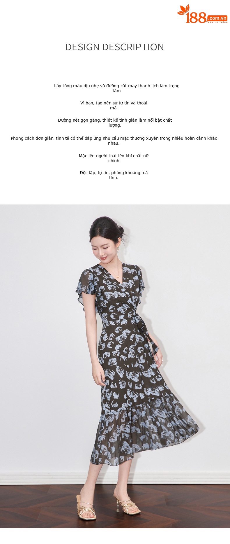 Váy maxi nữ cổ chữ V in hoa thắt eo phong cách cổ điển Pháp — Hoa xanh lam chi tiết 2