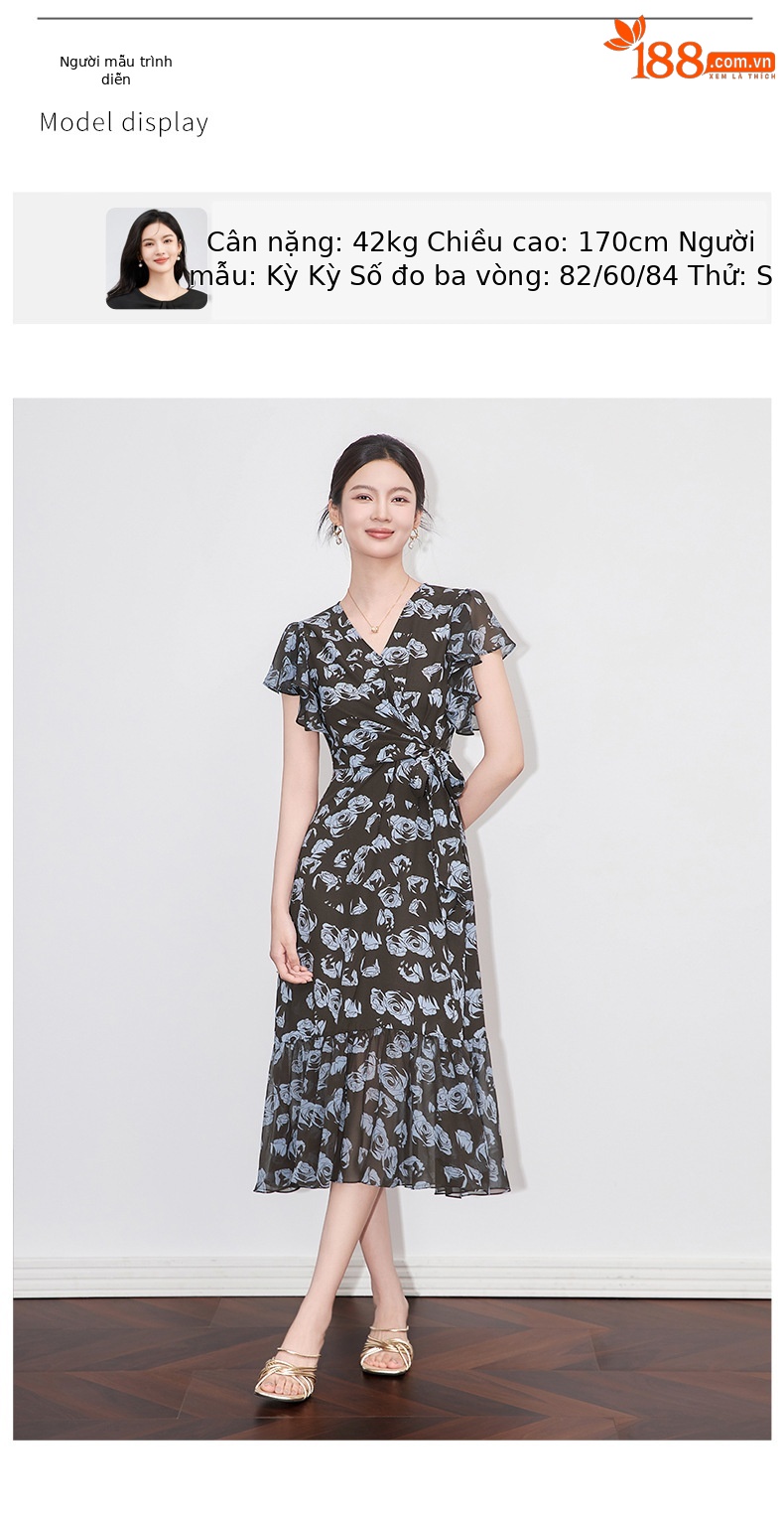 Váy maxi nữ cổ chữ V in hoa thắt eo phong cách cổ điển Pháp — Hoa xanh lam chi tiết 6