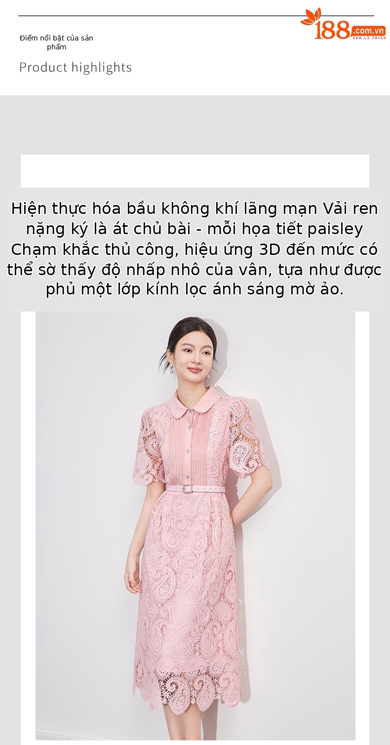Váy liền thắt eo ren hòa tan cổ lật kiểu Pháp quý cô — Màu hồng chi tiết 4